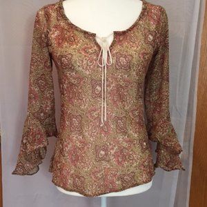 BOHO Brown Flowy Drawstring Top Scallop Sleeves